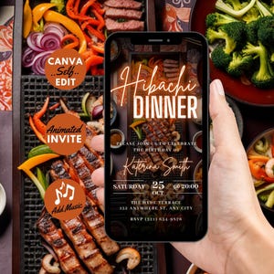 Digital Hibachi Flyer Invitation, Electronic Birthday Dinner Party Invite, Red Japanese Food Video Evite, Self Editable DIY Template eCard