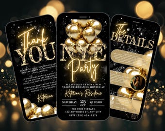 Digital NYE 2027 Invitation, Animated New Years Eve Party Invite, Gold Mobile Phone Celebration Video Evite, Self Edit Itinerary DIY eCard