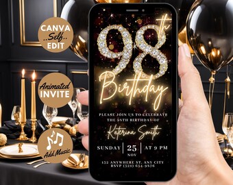 98th Birthday Invitation, Elegant Gold Digital Invite, Editable Online Template, Instant Download