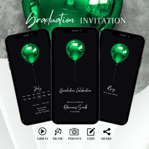 Elegante uitnodiging voor afstudeerfeest, minimalistische geanimeerde uitnodiging, mens Green Party Evite, stijlvolle digitale sjabloon, bewerkbare e-card voor vrouwen