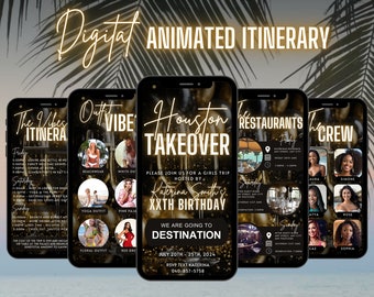 Digital Birthday Weekend Invitation, Animated Travel Itinerary, Black Gold Passport Vibe Vacation Schedule Trip Evite, Self Editable Planner