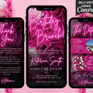 Digitale Geburtstags-Brunch-Party-Einladung, digitales rosa Blumen-Evite für sie, animierte Einladung jedes Alter, bearbeitbarer Reiseplan & Danke Ecard