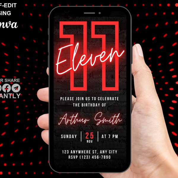 Digital 11th Birthday Party Orange Red Invitation, Electronic Phone Text Message Evite, Editable Animated Template Invite For Boys And Girl