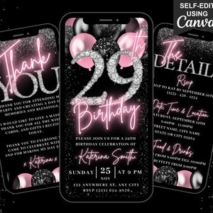 Digital 29th Birthday Invitation, Blush Pink Girls 29 Balloon Diamond Invite, Womens Animated Evite, Editable Itinerary & Thank You eCard