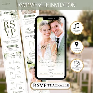 May include: A digital wedding invitation on a smartphone, featuring a smiling couple and the words "We Do." The invitation includes RSVP details, a countdown timer, and options for adding a song and map location. The design is elegant with floral accents.