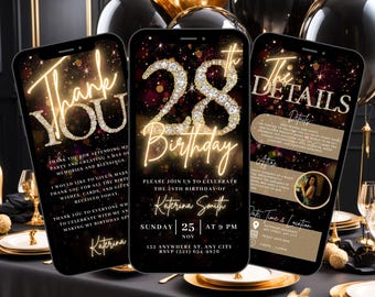 28th Digital Flyer Birthday Invitation, Surprise 28 Dinner Party Invite, Gold Diamond Video Evite For Women, Self Edit DIY Itinerary eCard