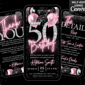 Digital 50th Birthday Invitation, Blush Pink Girls 50 th Balloon Diamond Invite, Women Animated Evite, Editable Itinerary & Thank You eCard