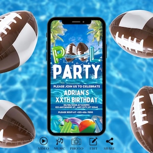 Invitation à une fête de piscine de football numérique. Invitation d'anniversaire de natation animée numérique pour adolescents et enfants. Sports d'été eVite. DIY Modifier le modèle de carte électronique.