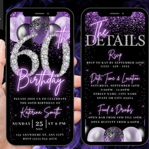 Digital 60th Birthday Invitation, Video 60th Black Purple Silver Invite For Women, Balloon Diamond Sixty Evite Her, Editable Itinerary eCard