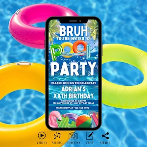 Digital Bruh Pool Party Invitation. Boys Birthday Summer Invite, Tropical Summer Birthday Evite, Video Invite For Teens, DIY Ecard Template.