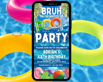 Invitación digital para fiesta en la piscina. Invitación de cumpleaños de verano para niños, invitación de cumpleaños tropical de verano, video invitación para adolescentes, plantilla de tarjeta electrónica DIY.