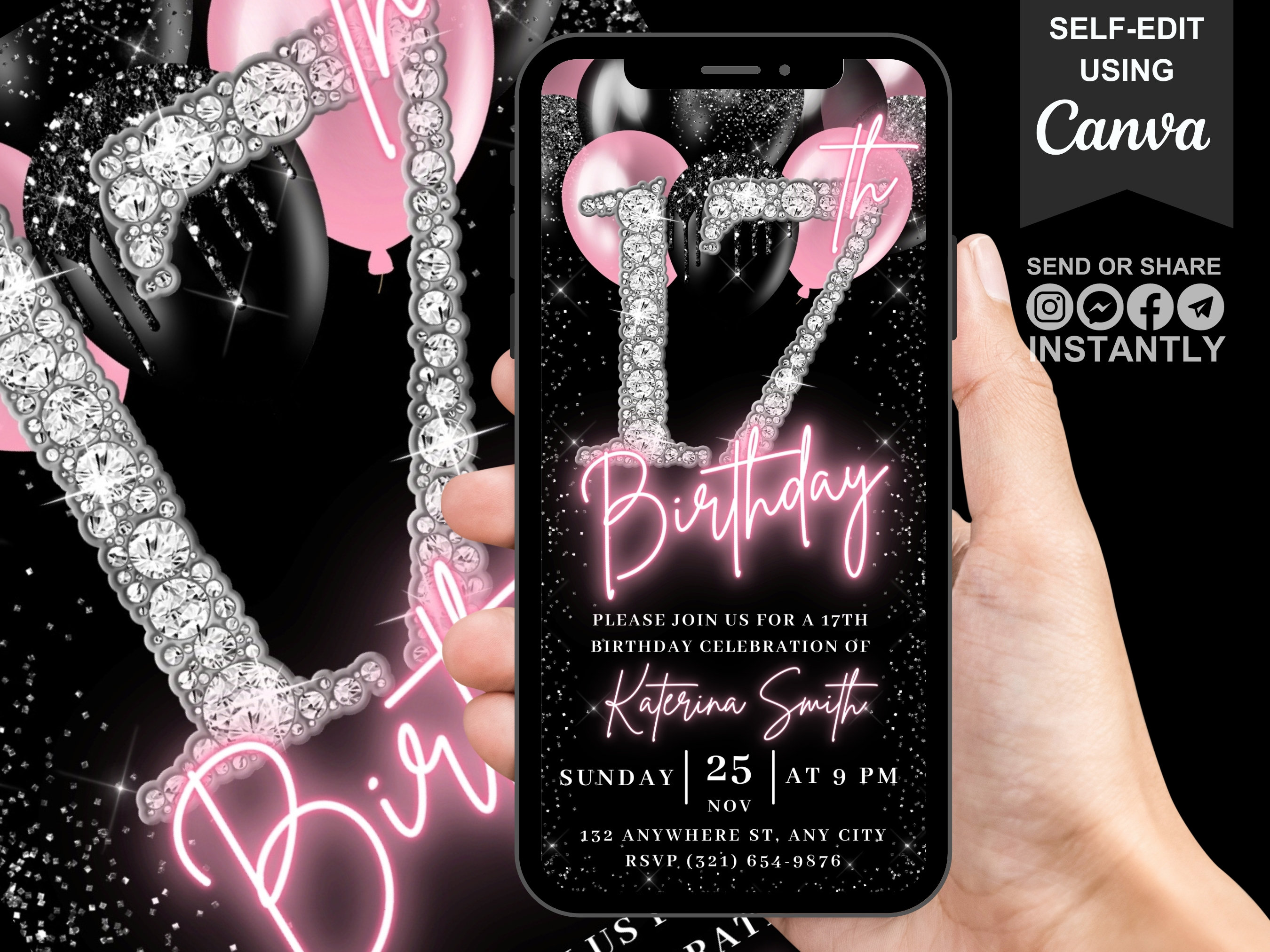 TSVATE Geburtstagskarte Zum 17. Geburtstag – Blau-silbernes Glitzerdesign, Mit Umschlag, 20,6 X 14,5 Cm