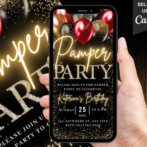 Digital Pamper Party Birthday Invitation, Red Gold Pajama Ladies Sleepover Invite, Spa Day Glitz & Glam Evite, Self Editable Template eCard