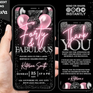 Digitale 40 & fantastische verjaardagsuitnodiging voor vrouwen, video 40 Lets Brunch Blush Blush Pink Forty-feestuitnodiging voor haar, bewerkbare e-kaart