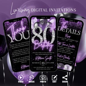 80th Digital Flyer Birthday Invitation, Video 80th Purple Dinner Party Invite For Women, Diamond Eighty Evite, Self Edit Itinerary eCard