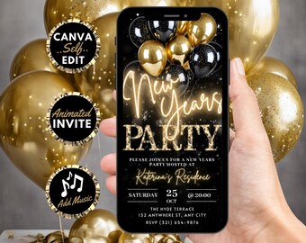 Digital New Years Eve Party Invitation, Animated 2025 NYE Celebration Invite, Black Gold Phone Video Evite, Self Editable Template DIY eCard
