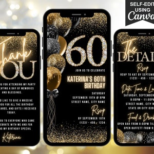 Digital 60th Birthday Invitation, 60th Glam Invite, Black Gold Silver Diamond Party Invite Black Tie, Editable Itinerary & Thank You eCard