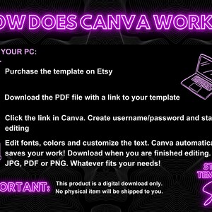 May include: A pink neon sign with the text "HOW DOES CANVA WORK?" and a list of steps on how to use Canva to edit a template purchased on Etsy. The steps include downloading a PDF file with a link to the template, clicking the link in Canva, creating a username and password, editing fonts and colors, and saving the finished product as a JPG, PDF, or PNG file.