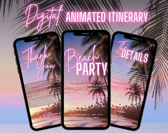 Digital Beach Party Invitation, Animated Bonfire Invite, Pink Palm Summer Dinner BBQ Evite For Women, Self Editable Itinerary Template eCard