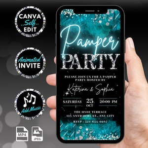 Faire-part d&#39;anniversaire numérique, pyjama bleu sarcelle animé, invitation à une soirée pyjama pour filles, journée spa pour femme, modèle auto-modifiable