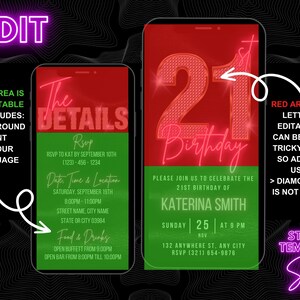 K&ouml;nnte beinhalten: Eine digitale Einladungsvorlage f&uuml;r eine 21. Geburtstagsparty. Die Vorlage hat einen roten Hintergrund mit neonrosa Text und einer rautenf&ouml;rmigen 21. Der Text enth&auml;lt den Namen des Geburtstagskindes, Datum, Uhrzeit und Ort. Die Vorlage ist editierbar, aber die Diamantenschrift ist nicht editierbar.