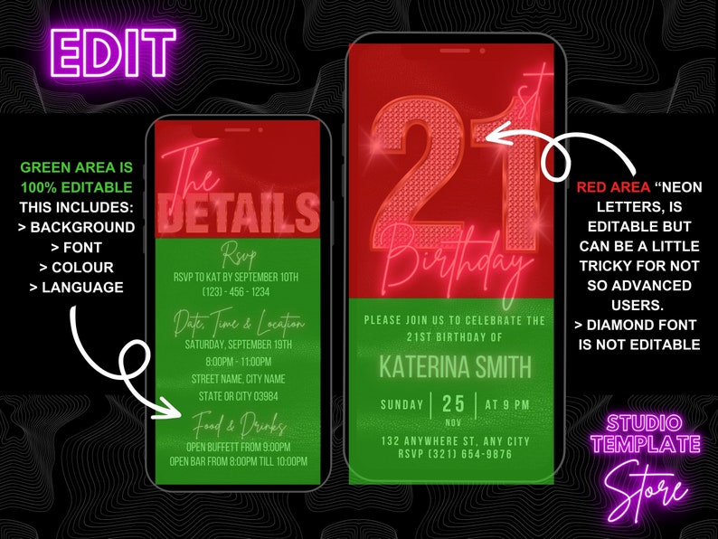 K&ouml;nnte beinhalten: Eine digitale Einladungsvorlage f&uuml;r eine 21. Geburtstagsparty. Die Vorlage hat einen roten Hintergrund mit neonrosa Text und einer rautenf&ouml;rmigen 21. Der Text enth&auml;lt den Namen des Geburtstagskindes, Datum, Uhrzeit und Ort. Die Vorlage ist editierbar, aber die Diamantenschrift ist nicht editierbar.