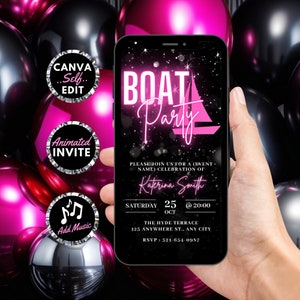 Digitale bootfeestuitnodiging, geanimeerde jachtfeestuitnodiging, neonroze cruise zomerbootfeest Evite, bewerkbare reisroutesjabloon e-card