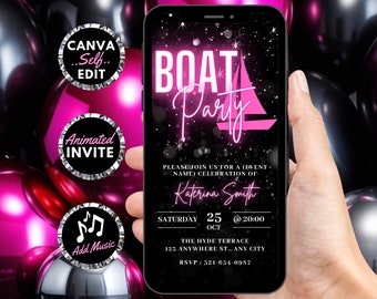 Digitale bootfeestuitnodiging, geanimeerde jachtfeestuitnodiging, neonroze cruise zomerbootfeest Evite, bewerkbare reisroutesjabloon e-card