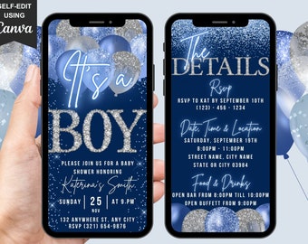 Digital Boy Baby Shower Invitation, Animated Baby Shower Invite, Blue Silver Balloons Diamonds Phone Mobile Evite, Editable Itinerary eCard