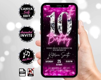Digital 10th Birthday Invitation, Animated Glitter Pink Tenth Party Invite, Girls Neon Pink Ten Evite, Self Editable Canva Template eCard