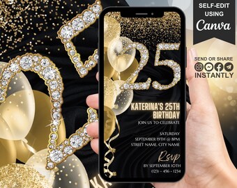 25th Digital Flyer Birthday Invitation, 25th Party Phone Invite For Women, Black Gold Diamond Balloon Evite For Men, Self Edit DIY eCard
