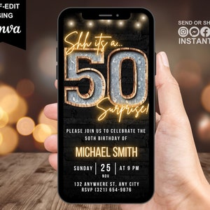 Surprise 50th Birthday Digital Invitation, Men's 50th Invite For Him, Adult Rustic BBQ Phone Evite For Guys, Shh Its A Surprise Party eCard