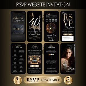 Könnte beinhalten: Eine digitale RSVP-Website-Einladungsvorlage, die auf acht Smartphone-Bildschirmen angezeigt wird. Das Design besticht durch ein schwarz-goldenes Farbschema mit Texten wie Shhh..!! its a Surprise !!, 40th Birthday, The Countdown, RSVP, The Itinerary, The Venue, The Details und Save the Date. Enthält Symbole für Standort und Musik.