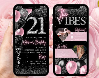 Invito digitale per il 21° compleanno, invito animato rosa cipria per il 21° compleanno per ragazze, grazioso invito elettronico con diamanti per donne, cartolina elettronica con itinerario modificabile.