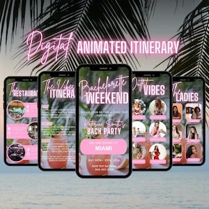 May include: A digital animated itinerary for a bachelorette weekend in Miami. The itinerary includes a list of activities, restaurants, and outfit suggestions. The text includes the dates July 20th-25th, 2024 and a phone number for RSVP.