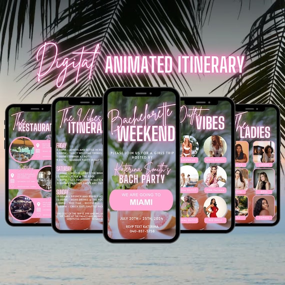 Digital Bachelorette Weekend Invitation, Animated Travel Itinerary, Girls Pink Palm Miami Vacation Schedule Trip, Editable Planner Template