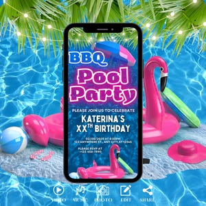 Pink BBQ Pool Party Invitation, Digital Summer Birthday Evite, Video Invite For Teens, Adults. Self Editable DIY Grill Ecard Template.