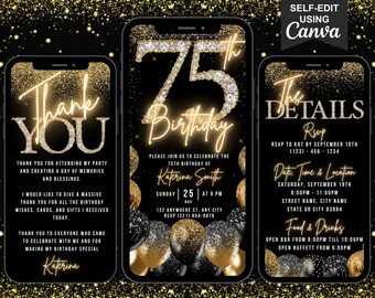 Digitale 75. Geburtstagseinladung, 75 Einladung, Schwarz Gold Silber Ballon Diamant Party Laden Schwarze Krawatte ein, bearbeitbarer Reiseplan & Danke eCard