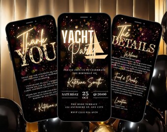 Digital Yacht Party Invitation, Boat Party Video Invite, Black Gold Cruise Summer Boat Party Evite, Self Edit Itinerary DIY Itinerary eCard