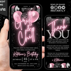 Digital Backyard BBQ Invitation, Grill and Chill Blush Pink Invite, Grill Party Cookout BBQ Evite, Summer Party, Editable Thank You eCard