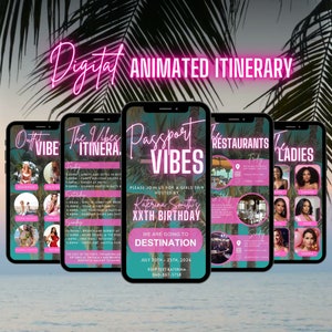 Digitale weekendverjaardagsuitnodiging, geanimeerd reisschema, Womens Pink Passport Vibes vakantieschema reis Evite, bewerkbare sjabloon