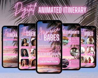 Digital Jamaica Weekend Invitation, Animated Pink Palm Travel Negril Itinerary, Montego Vacation Schedule Trip, Editable Planner Template