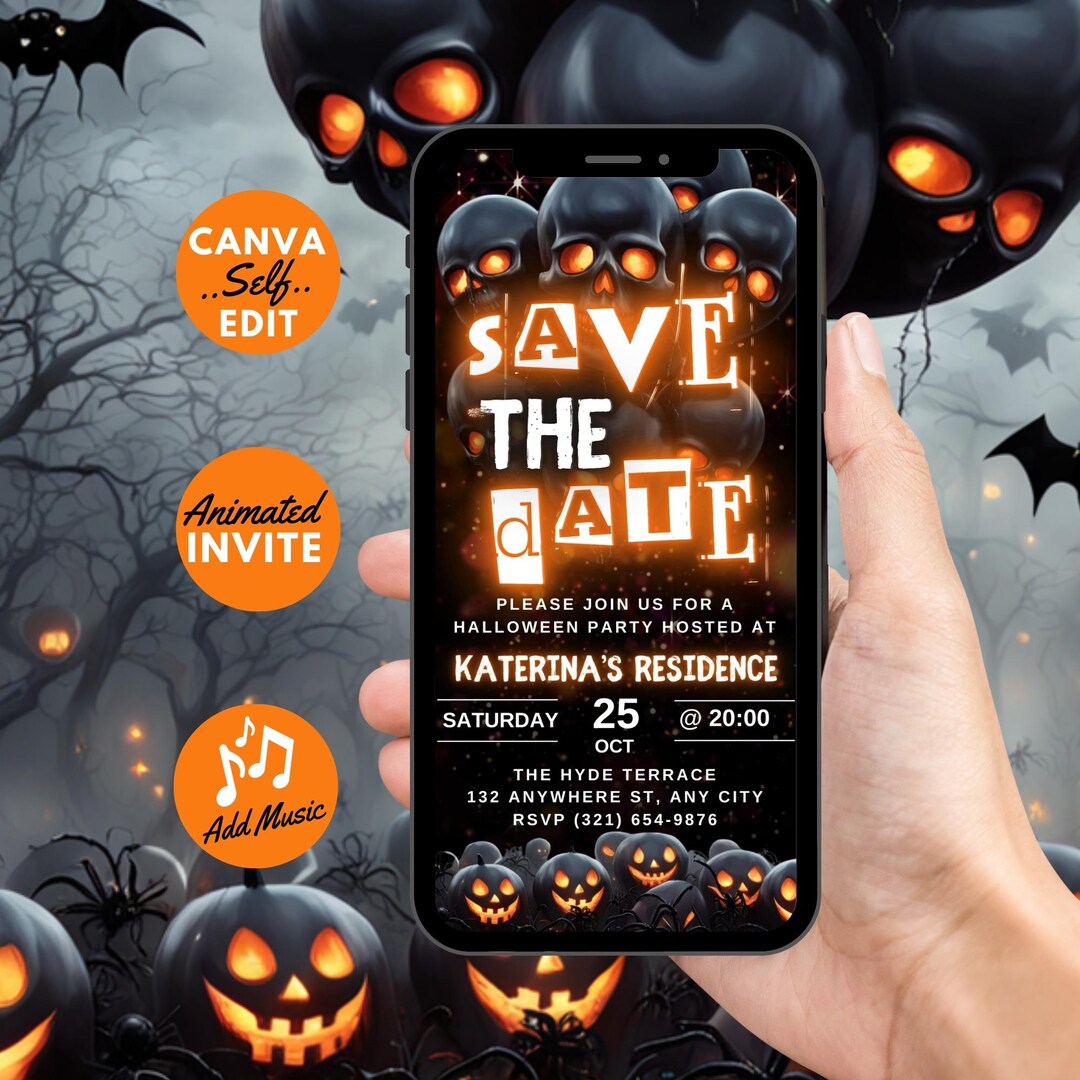 Safetalk Invitations Digital Halloween Save the Date Invitation, Orange Skull Video Party ...