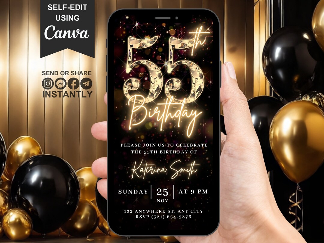 Digital 55th Birthday Invitation, Animated Dinner or Brunch Ecard