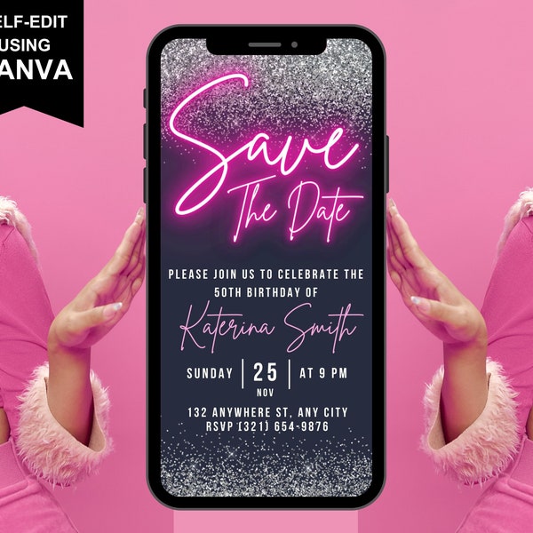 Digital Pink Silver Save The Date Birthday Invitation, Electronic Virtual Birthday Invite, Neon Pink Text, Sweet 16 Invite For Her, Editable