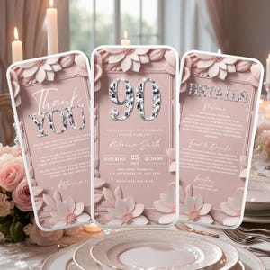 Faire-part numérique 90e anniversaire, invitation à un dîner surprise 90, invitation vidéo 90 ans rose élégante pour femme, carte électronique d'itinéraire bricolage à modifier soi-même