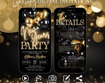 May include: A digital invitation for a New Year's Eve party with a black and gold colour scheme. The invitation features a black background with gold glitter and balloons. The text "New Year's Party" is in neon yellow lettering. The invitation also includes details about the party, such as the date, time, and location.