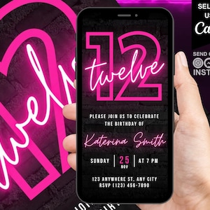 Digital 12th Birthday Party Pink Neon Invitation, Video Text Message Evite, Editable Animated 12th Invite Template, Teen Birthday For Girls