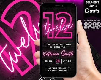 Digitale 12. Geburtstagsfeier Pink Neon Einladung, Video Textnachricht Evite, bearbeitbare animierte 12. Einladungsvorlage, Teen Geburtstag für Mädchen