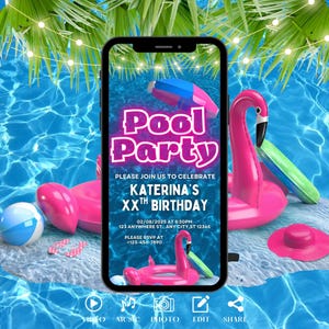 Digital Pink Pool Party Birthday Invitation, Tropical Summer Evite, Video Invite For Teens, Kids, Adults. Self Editable DIY Ecard Template.